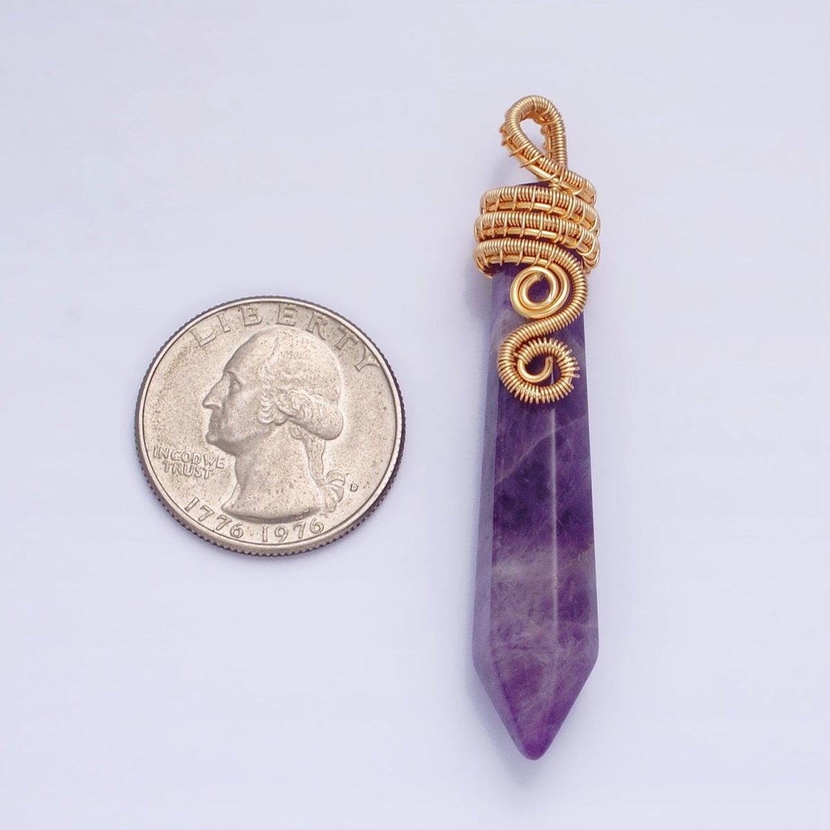 16K Gold Filled 60mm Circular Wired Amethyst Natural Gemstone Pointed Wand Pendant | AA531