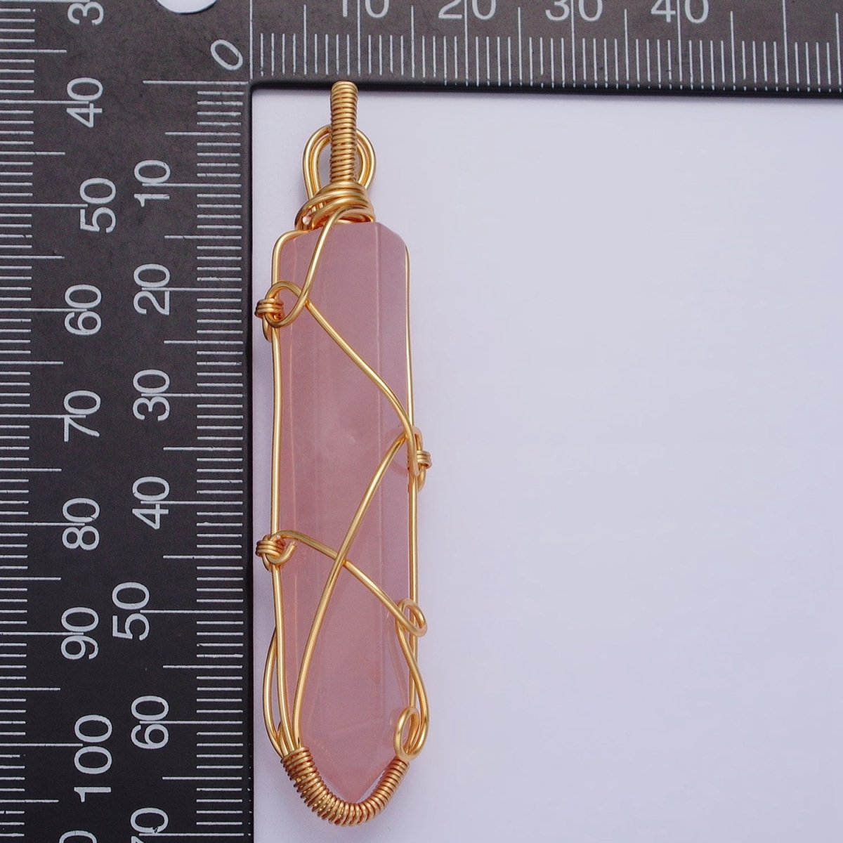 16K Gold Filled 66.5mm Wired Rose Quartz Natural Gemstone Pointed Wand Pendant | AA224