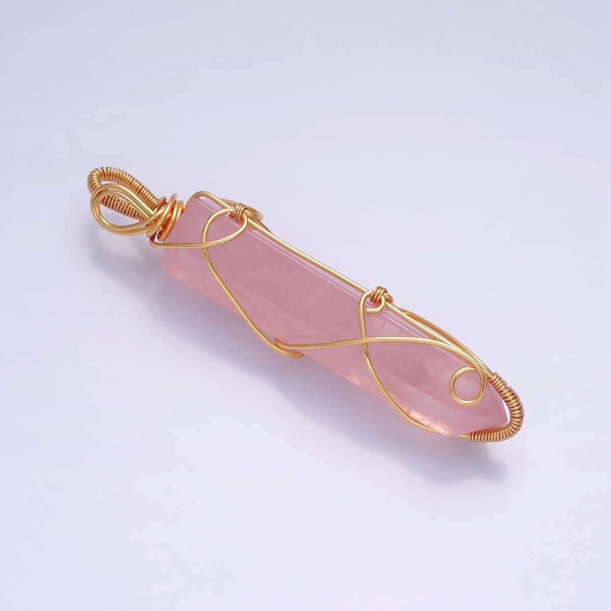 16K Gold Filled 66.5mm Wired Rose Quartz Natural Gemstone Pointed Wand Pendant | AA224