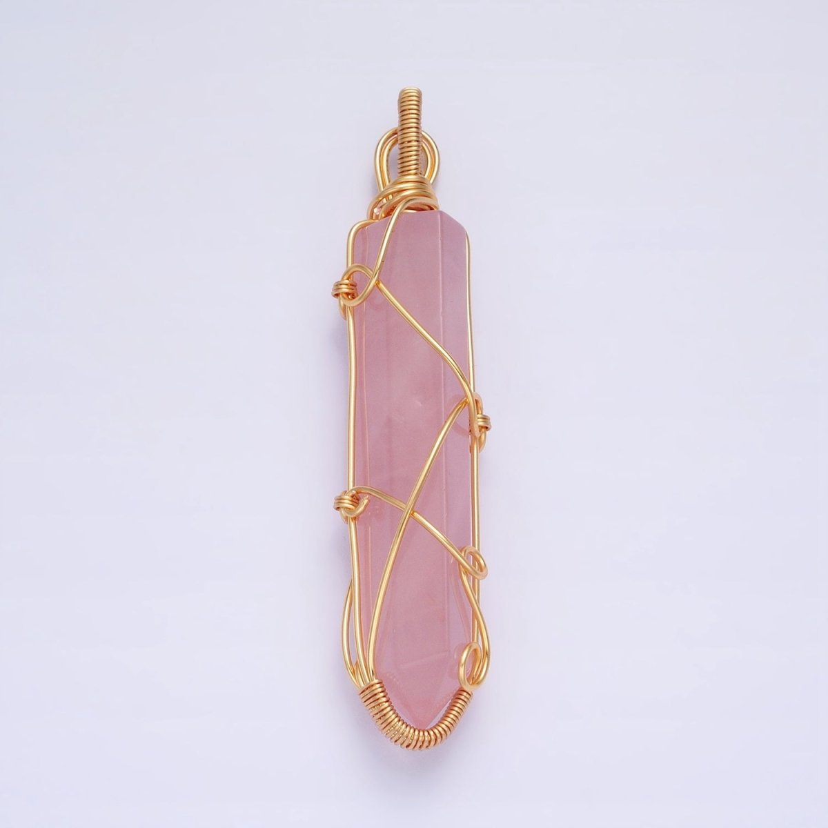 16K Gold Filled 66.5mm Wired Rose Quartz Natural Gemstone Pointed Wand Pendant | AA224