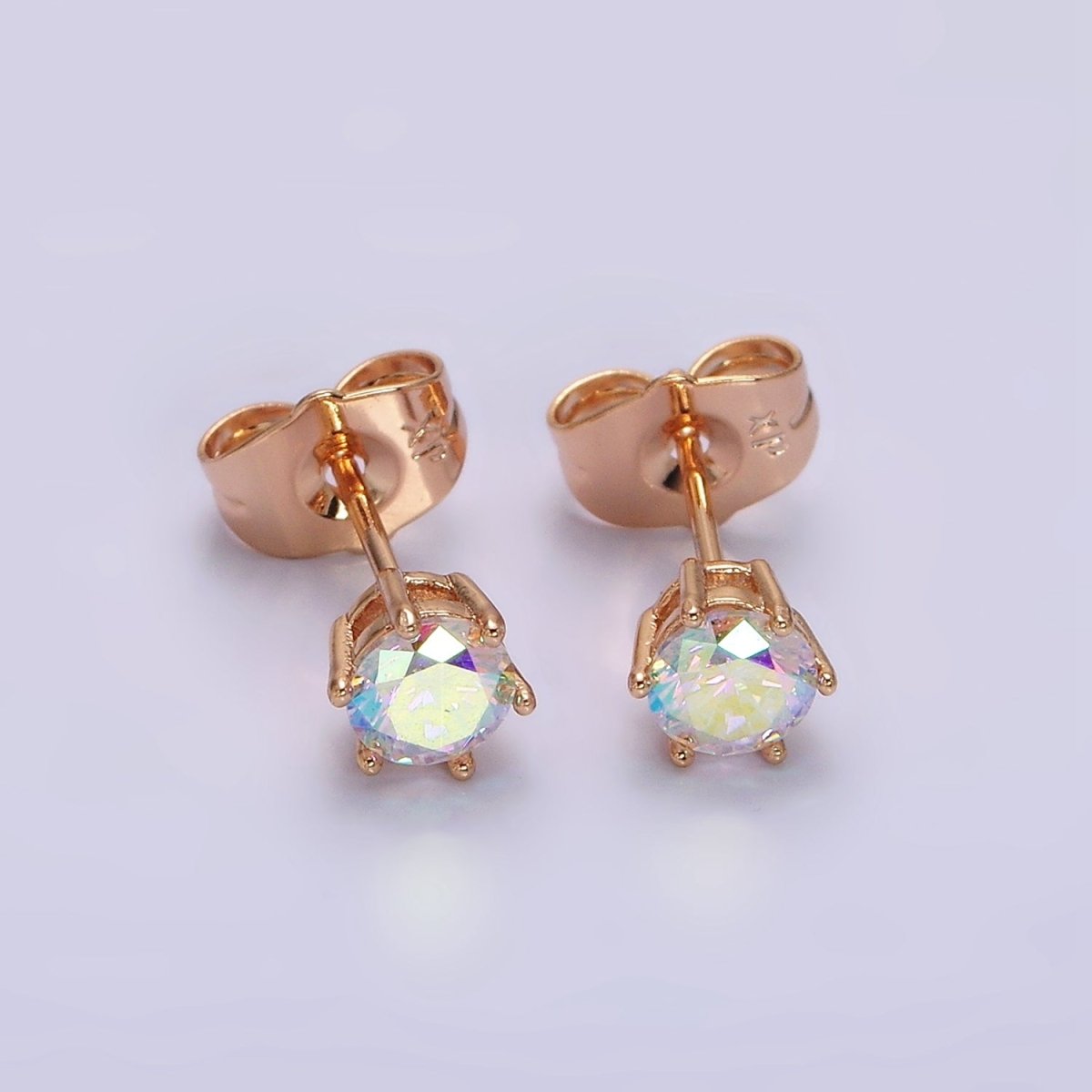 16K Gold Filled 6mm Round Iridescent AB CZ Stud Earrings | AE816