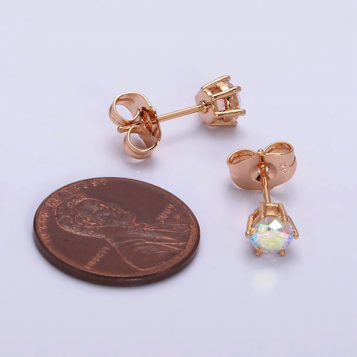 16K Gold Filled 6mm Round Iridescent AB CZ Stud Earrings | AE816