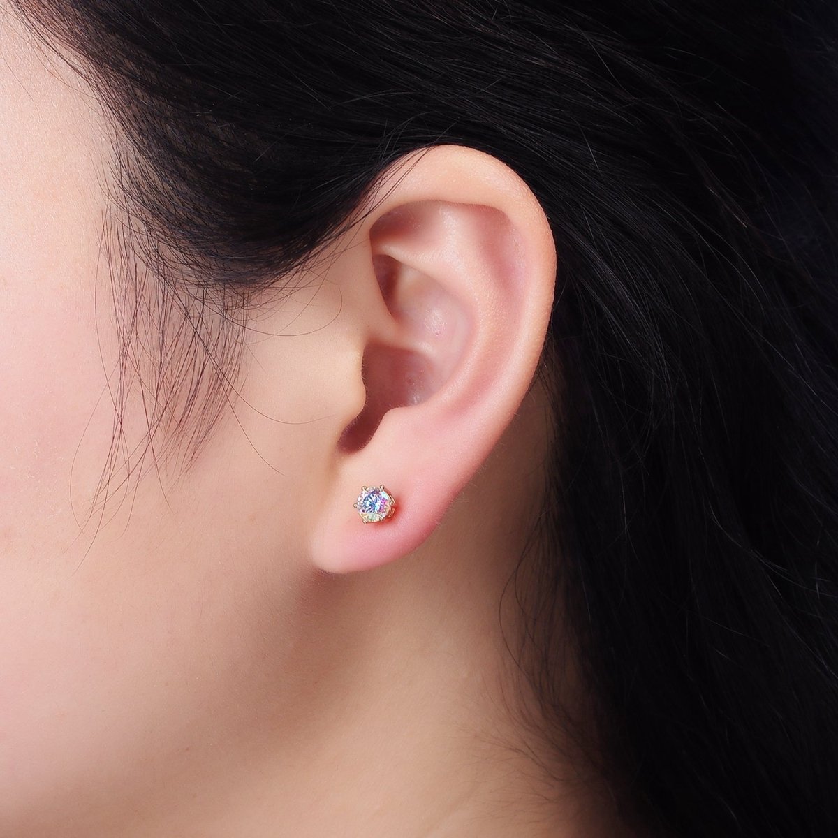 16K Gold Filled 6mm Round Iridescent AB CZ Stud Earrings | AE816