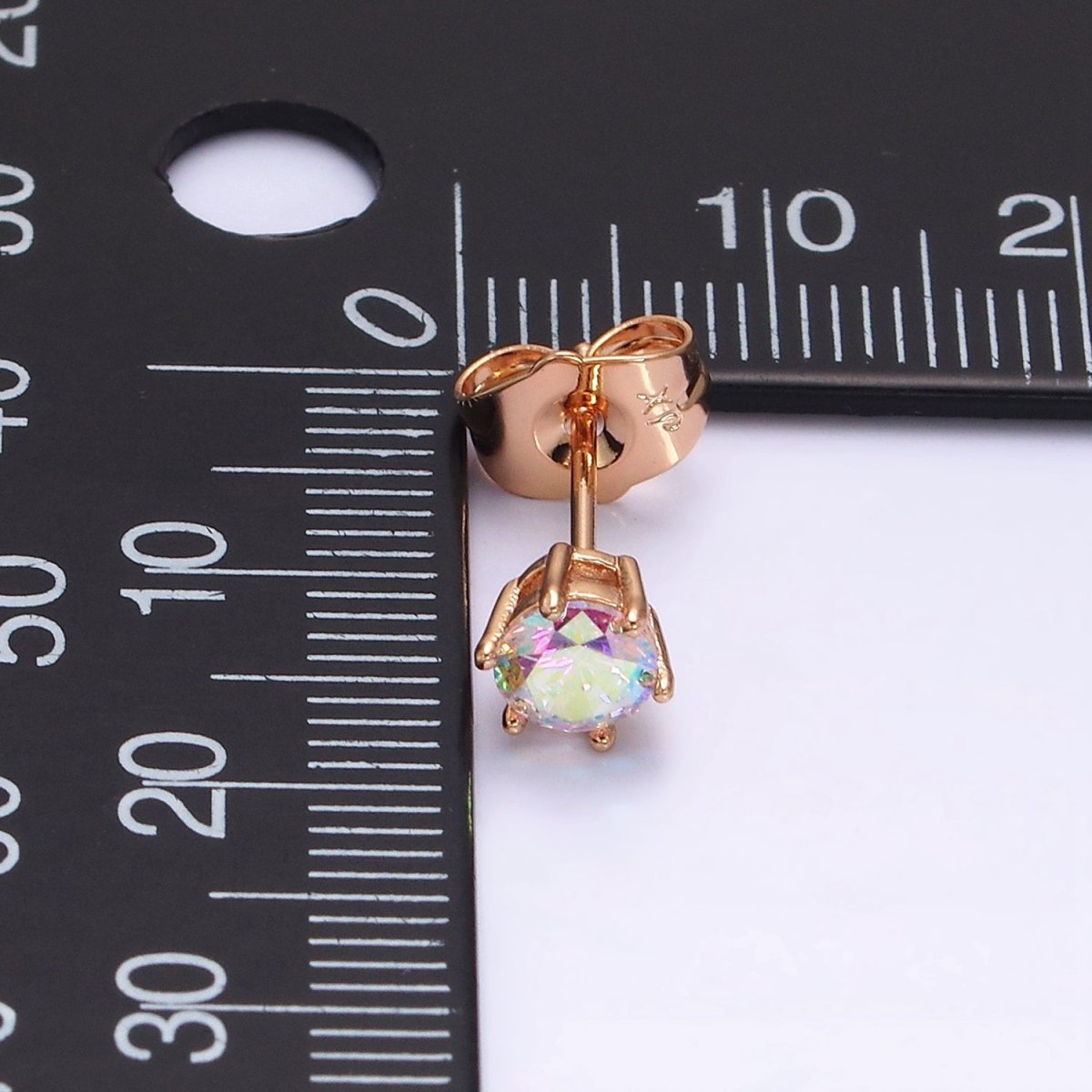 16K Gold Filled 6mm Round Iridescent AB CZ Stud Earrings | AE816
