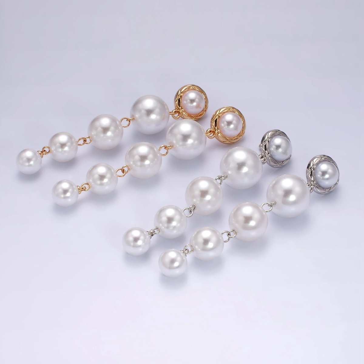 16K Gold Filled 85mm Multiple Shell Pearl Quilted Bezel Drop Stud Earrings in Gold & Silver | AE347 AE348