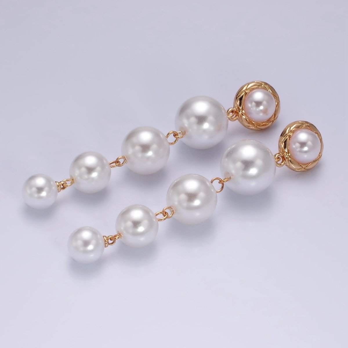 16K Gold Filled 85mm Multiple Shell Pearl Quilted Bezel Drop Stud Earrings in Gold & Silver | AE347 AE348