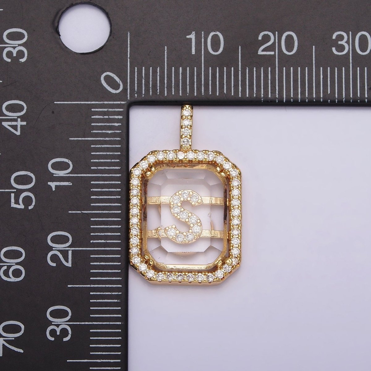 16K Gold Filled A-Z Alphabet Letter Initial Double Bar Baguette Clear Micro Paved CZ Pendant | A-963-A-975