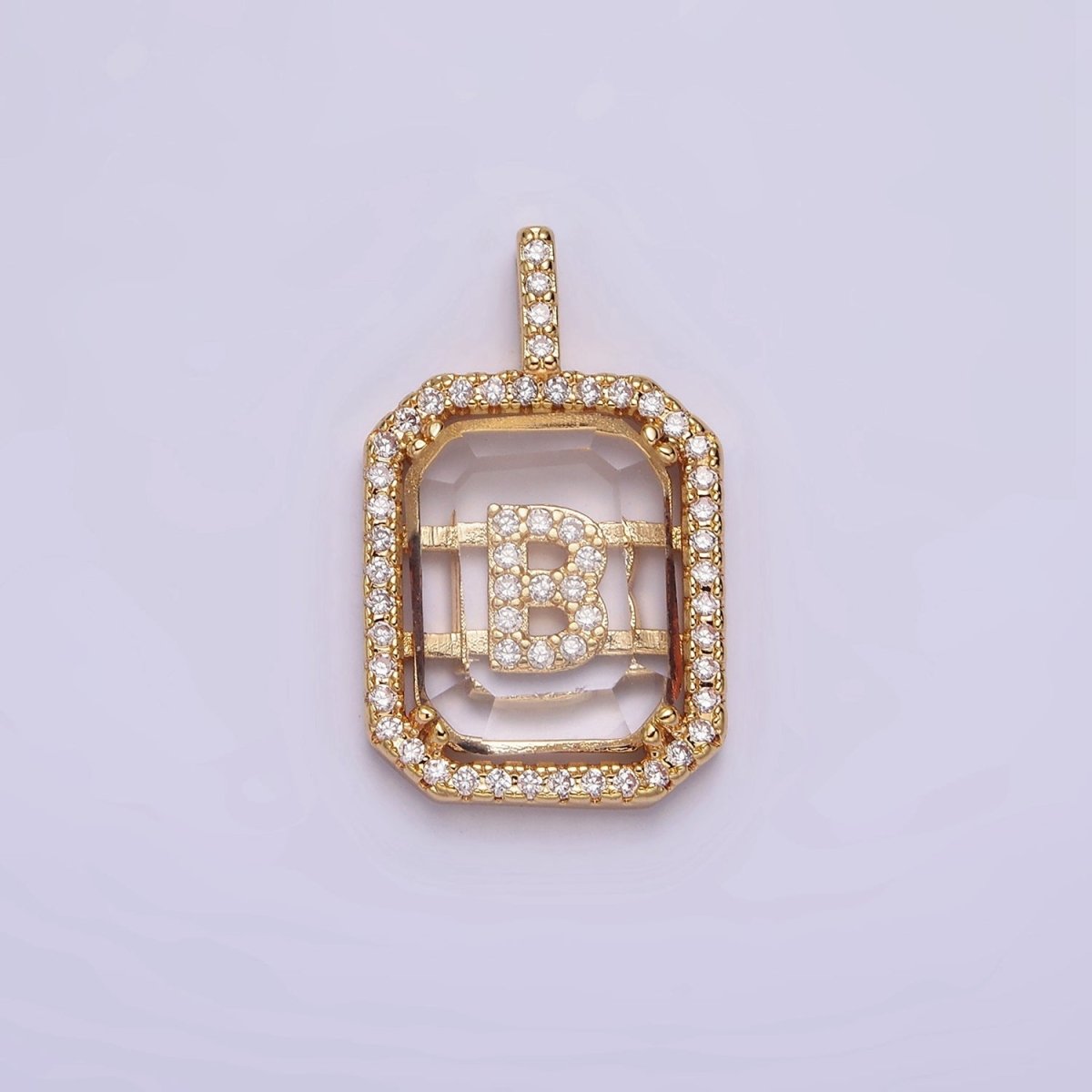 16K Gold Filled A-Z Alphabet Letter Initial Double Bar Baguette Clear Micro Paved CZ Pendant | A-963-A-975