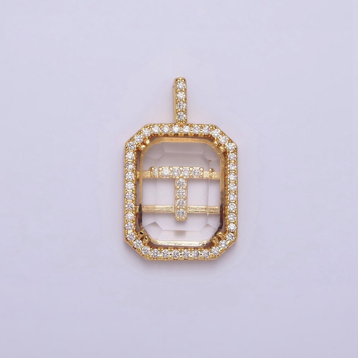 16K Gold Filled A-Z Alphabet Letter Initial Double Bar Baguette Clear Micro Paved CZ Pendant | A-963-A-975