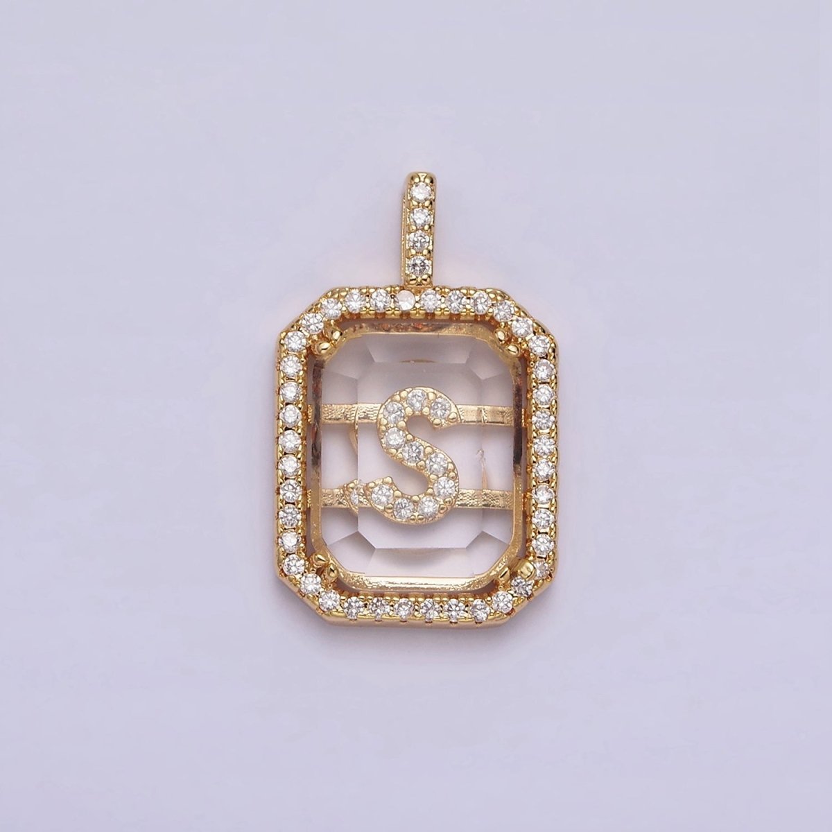 16K Gold Filled A-Z Alphabet Letter Initial Double Bar Baguette Clear Micro Paved CZ Pendant | A-963-A-975