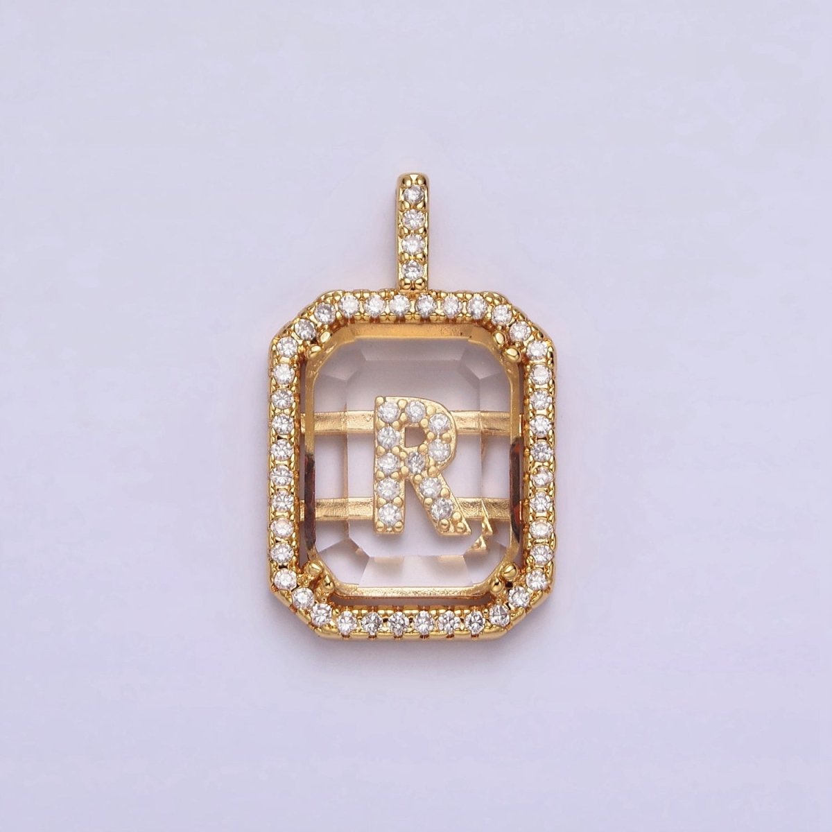 16K Gold Filled A-Z Alphabet Letter Initial Double Bar Baguette Clear Micro Paved CZ Pendant | A-963-A-975