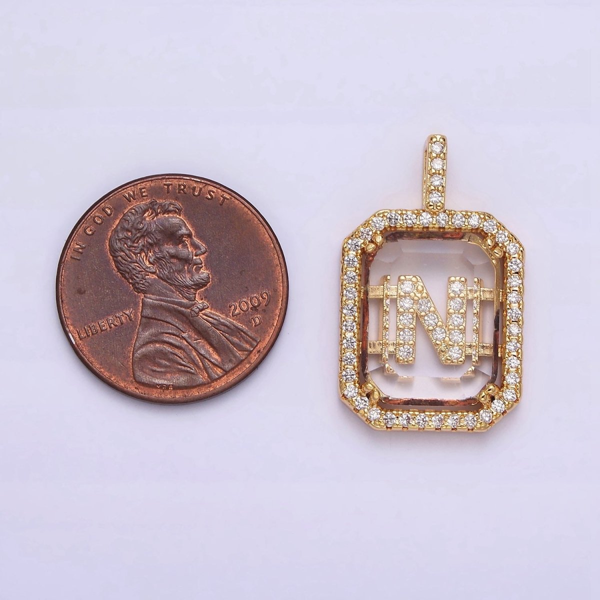 16K Gold Filled A-Z Alphabet Letter Initial Double Bar Baguette Clear Micro Paved CZ Pendant | A-963-A-975