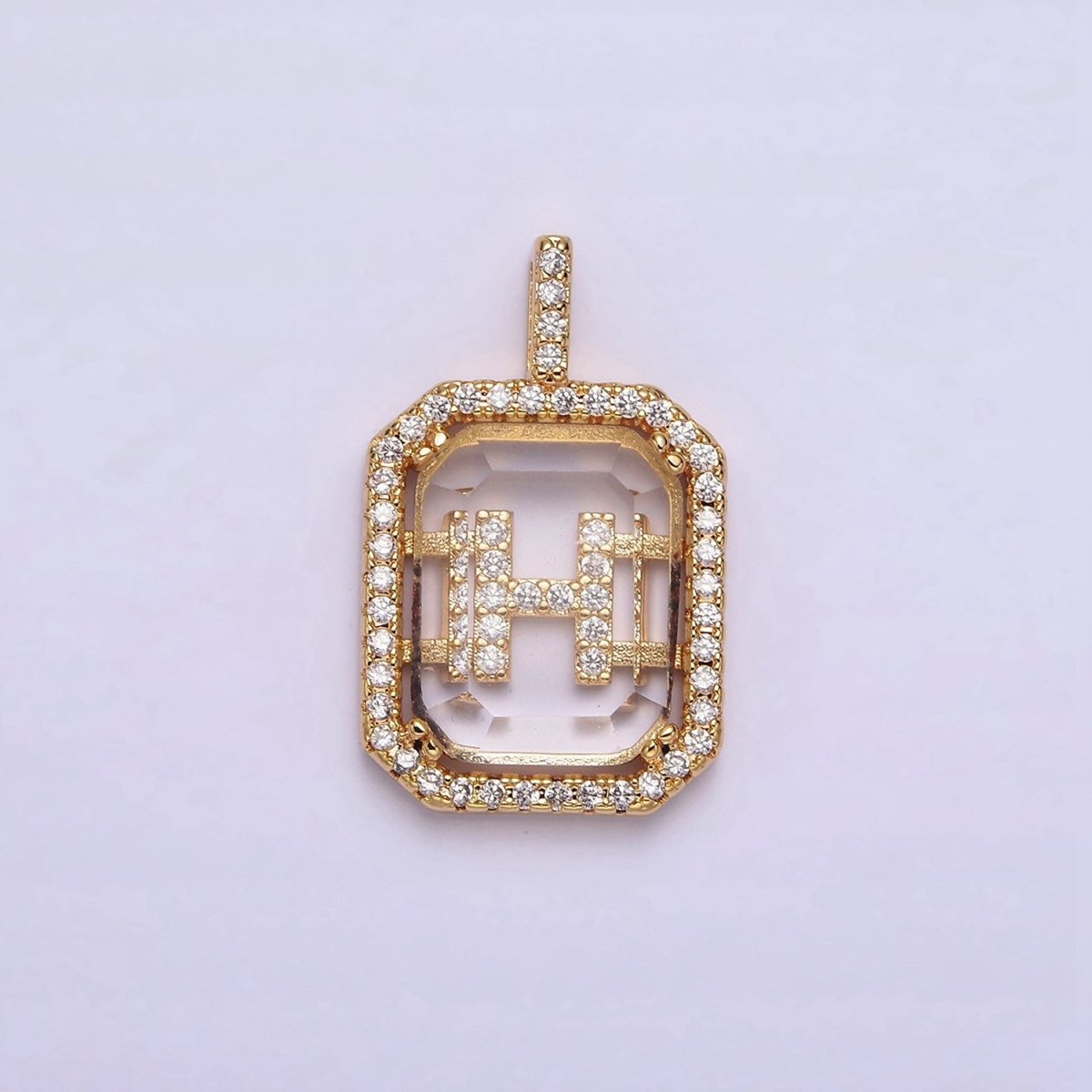 16K Gold Filled A-Z Alphabet Letter Initial Double Bar Baguette Clear Micro Paved CZ Pendant | A-963-A-975