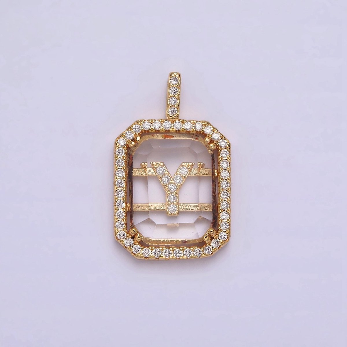 16K Gold Filled A-Z Alphabet Letter Initial Double Bar Baguette Clear Micro Paved CZ Pendant | A-963-A-975