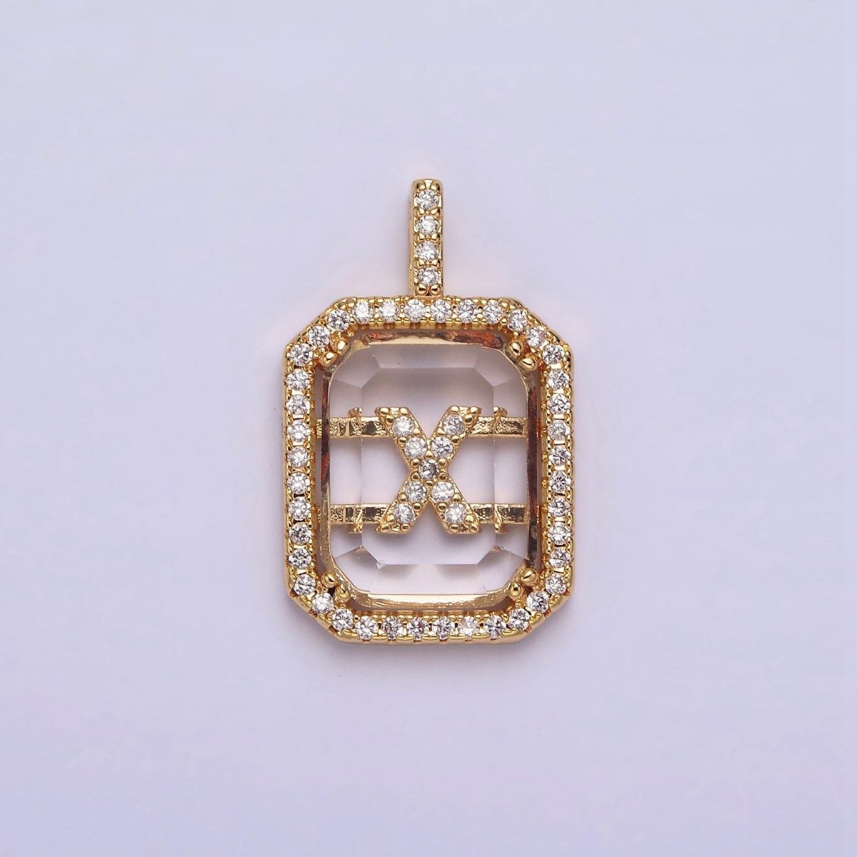 16K Gold Filled A-Z Alphabet Letter Initial Double Bar Baguette Clear Micro Paved CZ Pendant | A-963-A-975