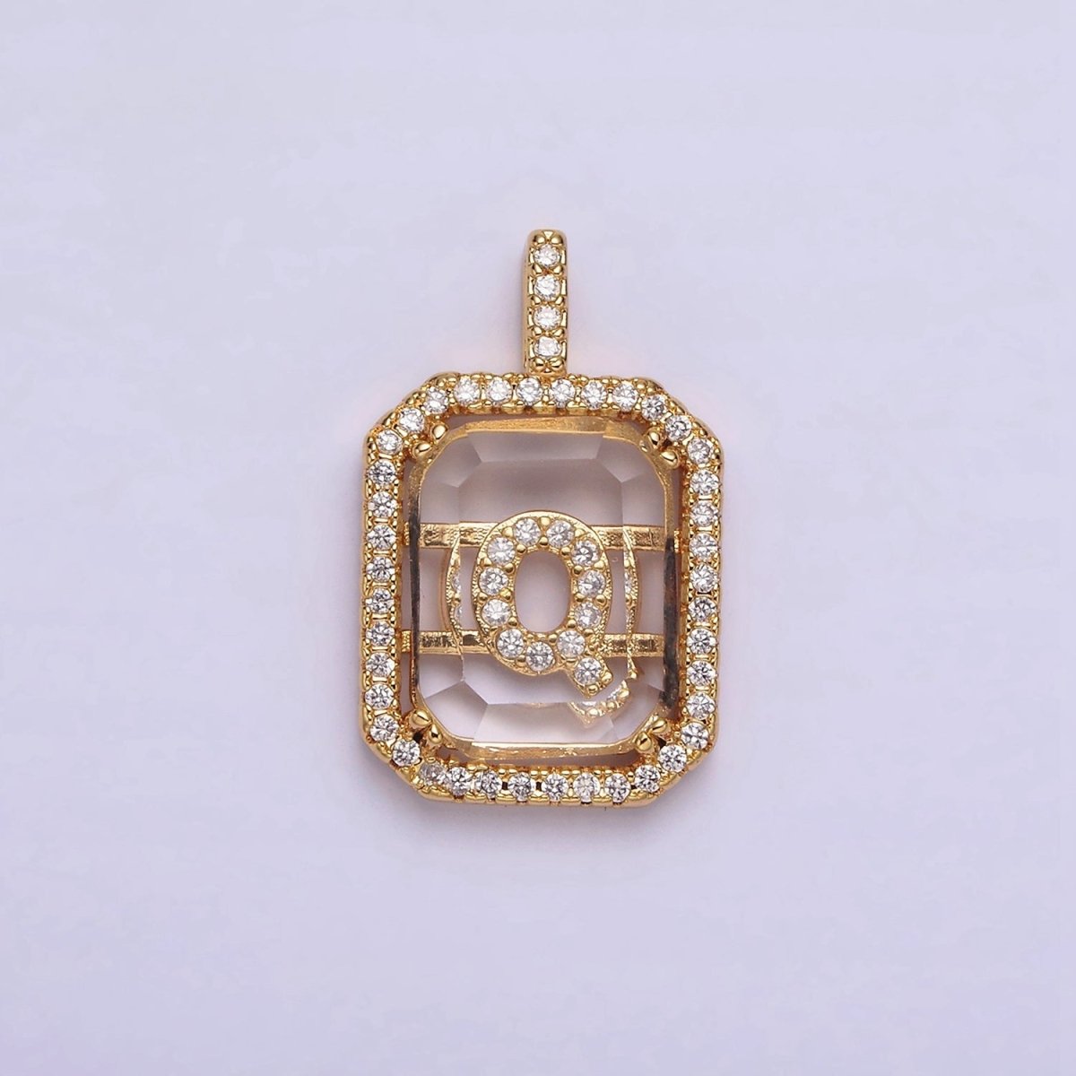 16K Gold Filled A-Z Alphabet Letter Initial Double Bar Baguette Clear Micro Paved CZ Pendant | A-963-A-975