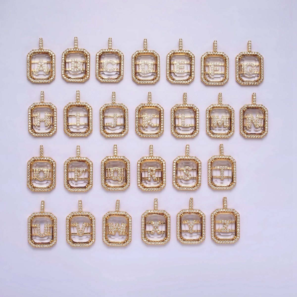 16K Gold Filled A-Z Alphabet Letter Initial Double Bar Baguette Clear Micro Paved CZ Pendant | A-963-A-975