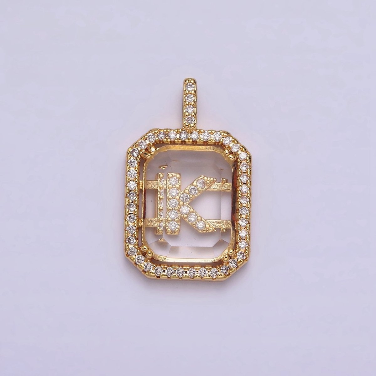 16K Gold Filled A-Z Alphabet Letter Initial Double Bar Baguette Clear Micro Paved CZ Pendant | A-963-A-975