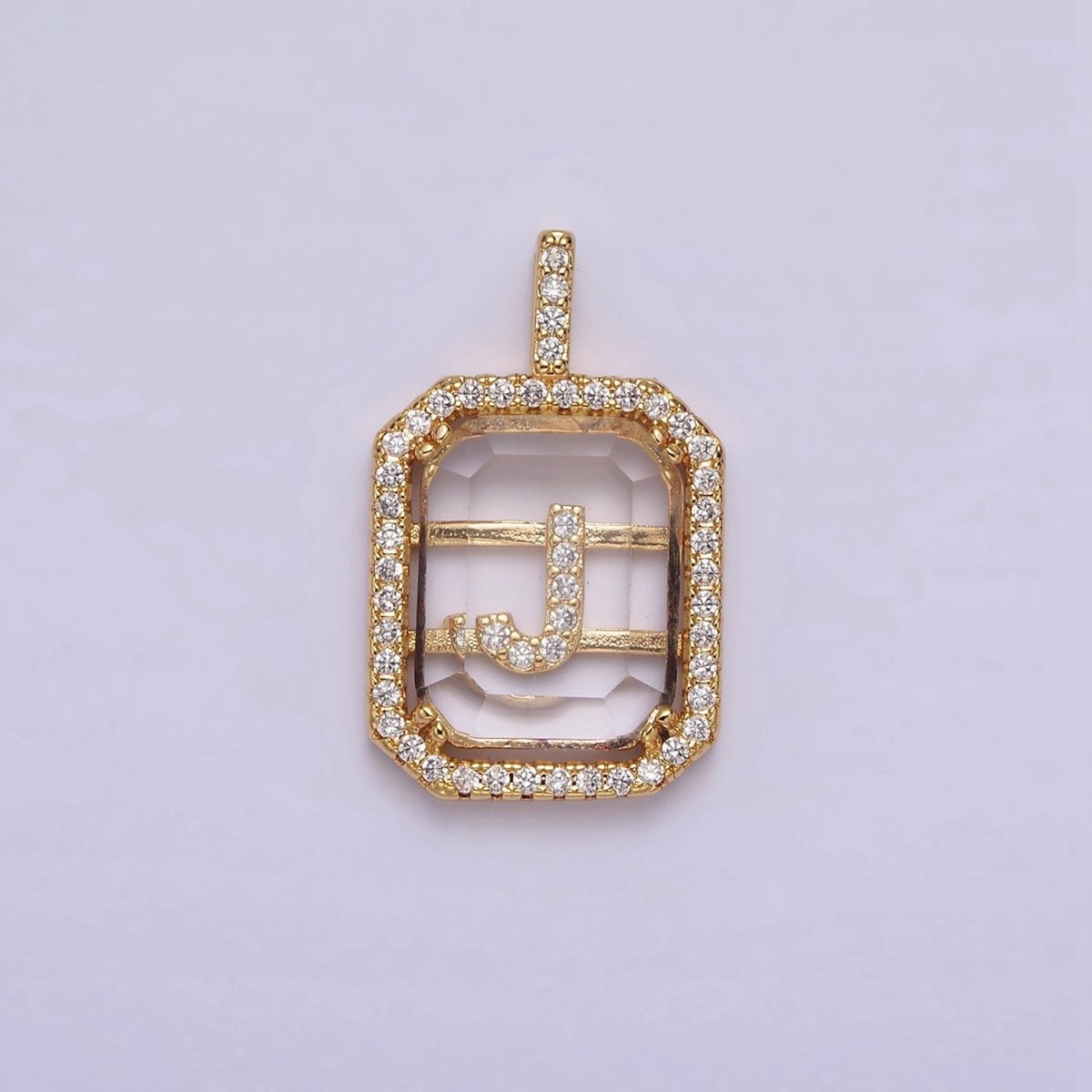 16K Gold Filled A-Z Alphabet Letter Initial Double Bar Baguette Clear Micro Paved CZ Pendant | A-963-A-975