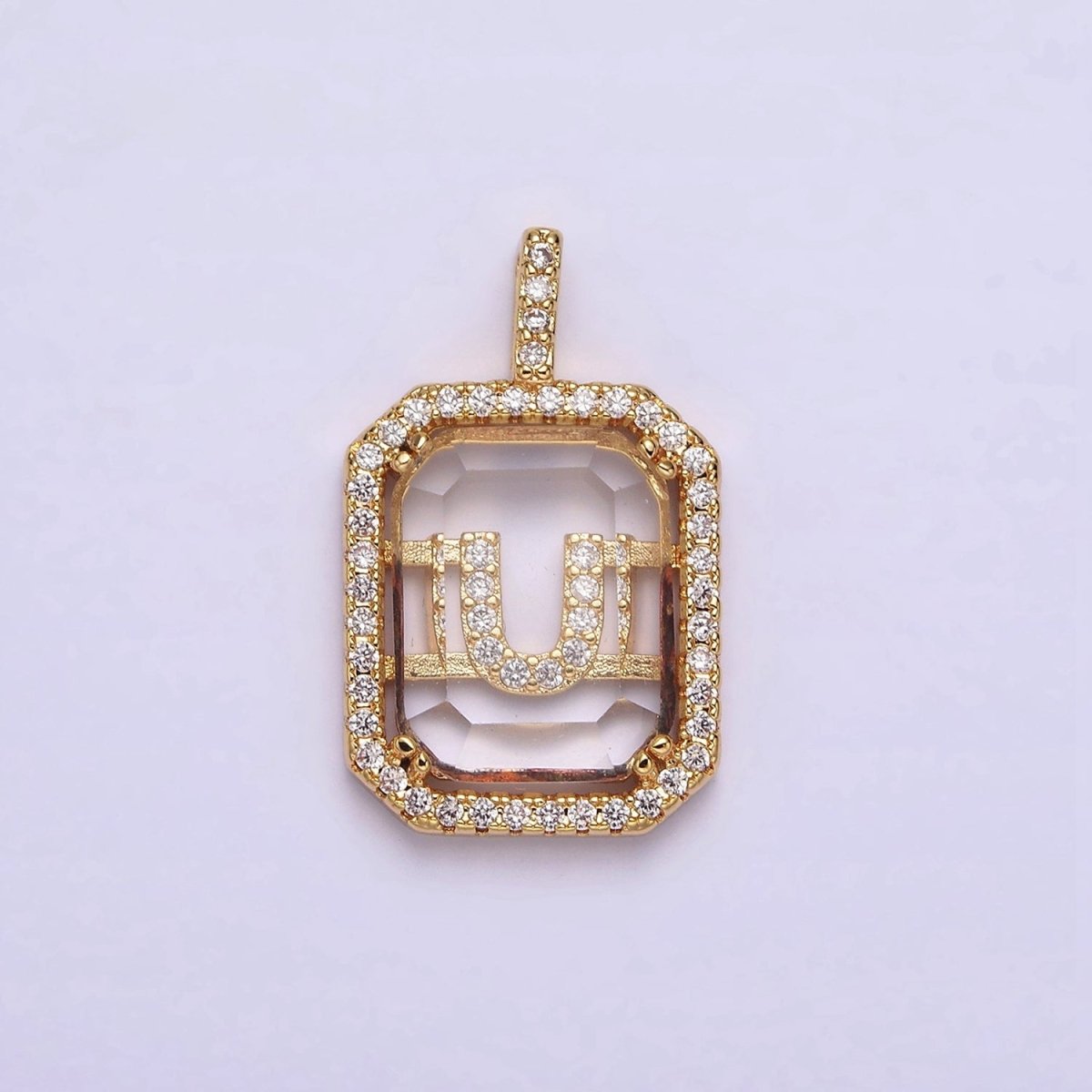 16K Gold Filled A-Z Alphabet Letter Initial Double Bar Baguette Clear Micro Paved CZ Pendant | A-963-A-975