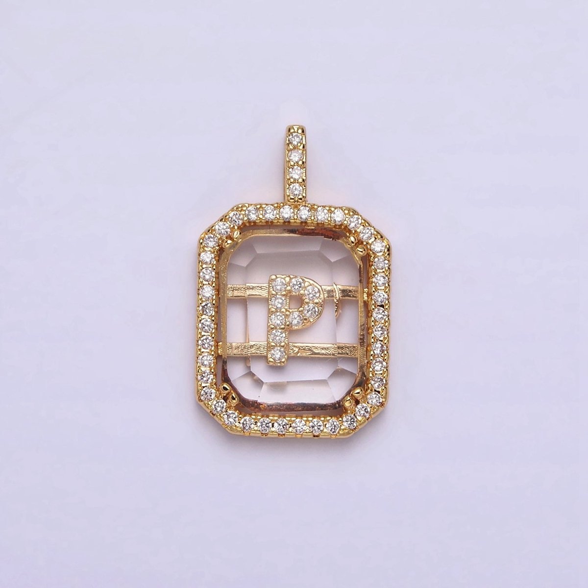 16K Gold Filled A-Z Alphabet Letter Initial Double Bar Baguette Clear Micro Paved CZ Pendant | A-963-A-975
