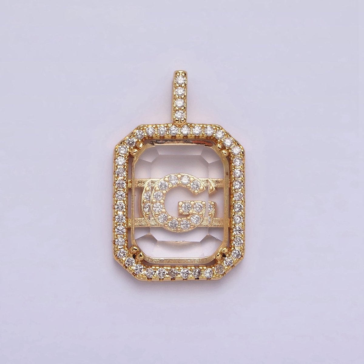 16K Gold Filled A-Z Alphabet Letter Initial Double Bar Baguette Clear Micro Paved CZ Pendant | A-963-A-975