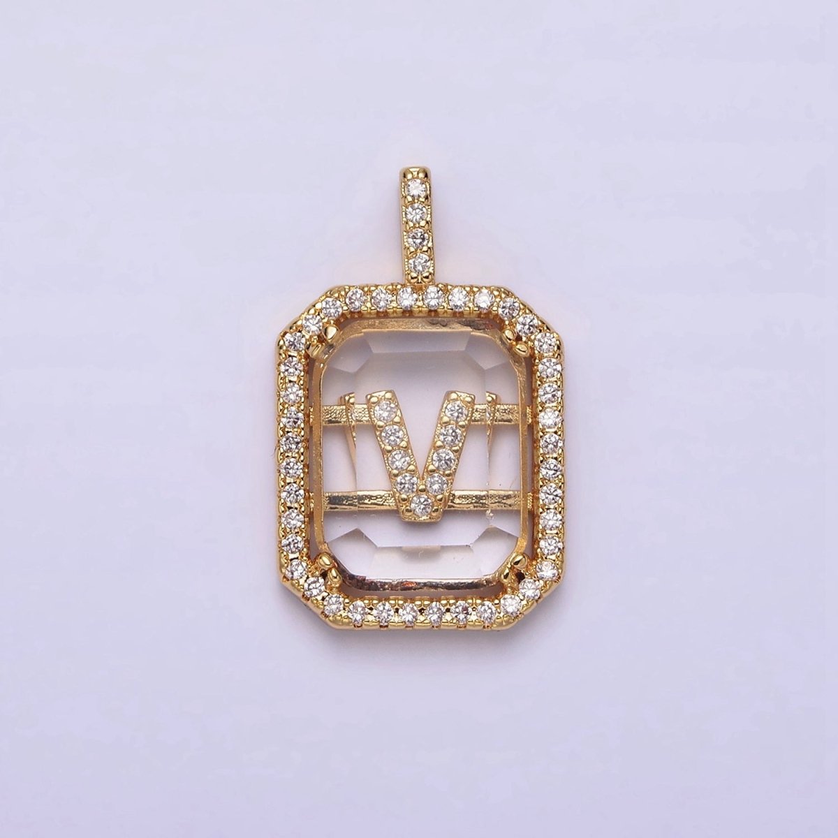 16K Gold Filled A-Z Alphabet Letter Initial Double Bar Baguette Clear Micro Paved CZ Pendant | A-963-A-975