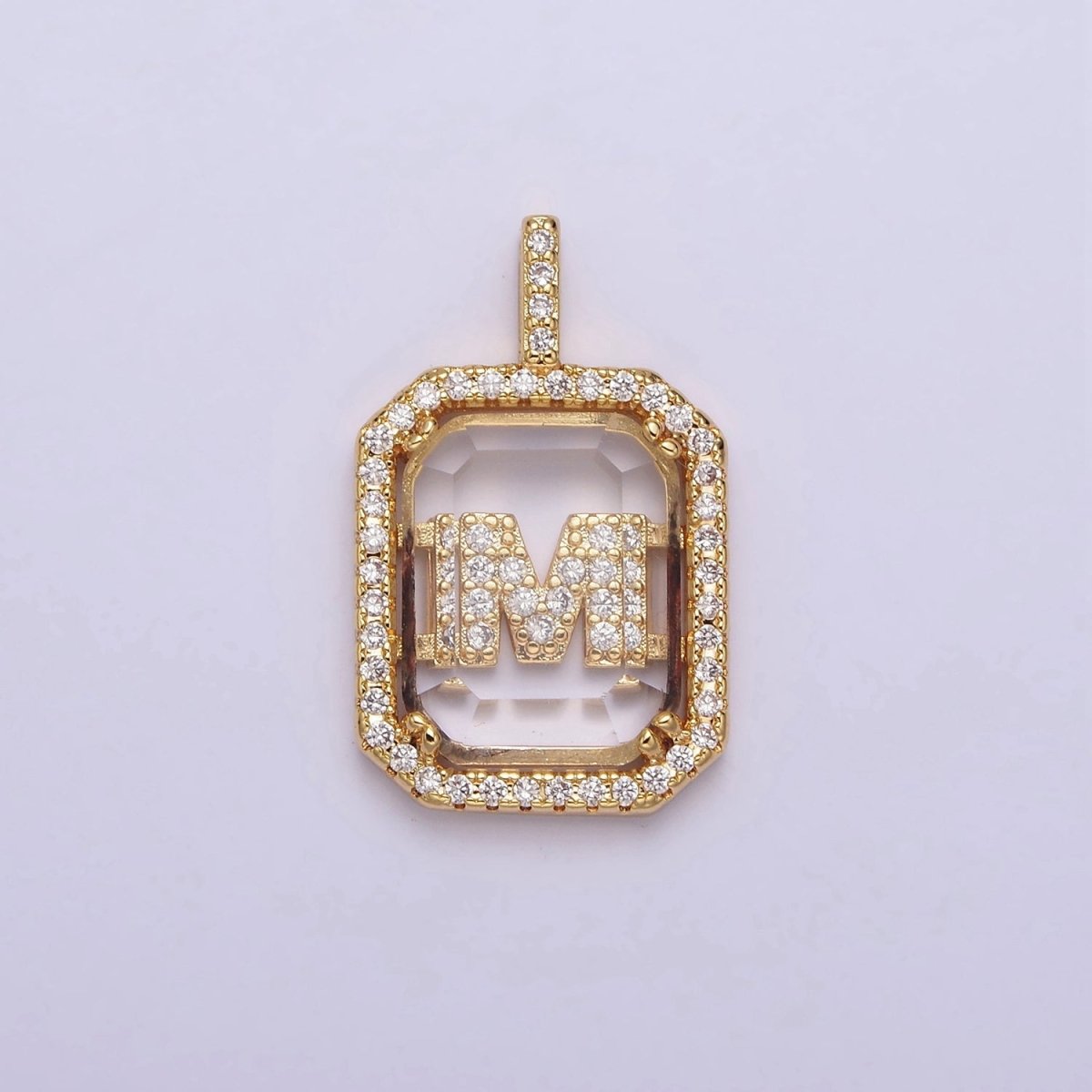 16K Gold Filled A-Z Alphabet Letter Initial Double Bar Baguette Clear Micro Paved CZ Pendant | A-963-A-975