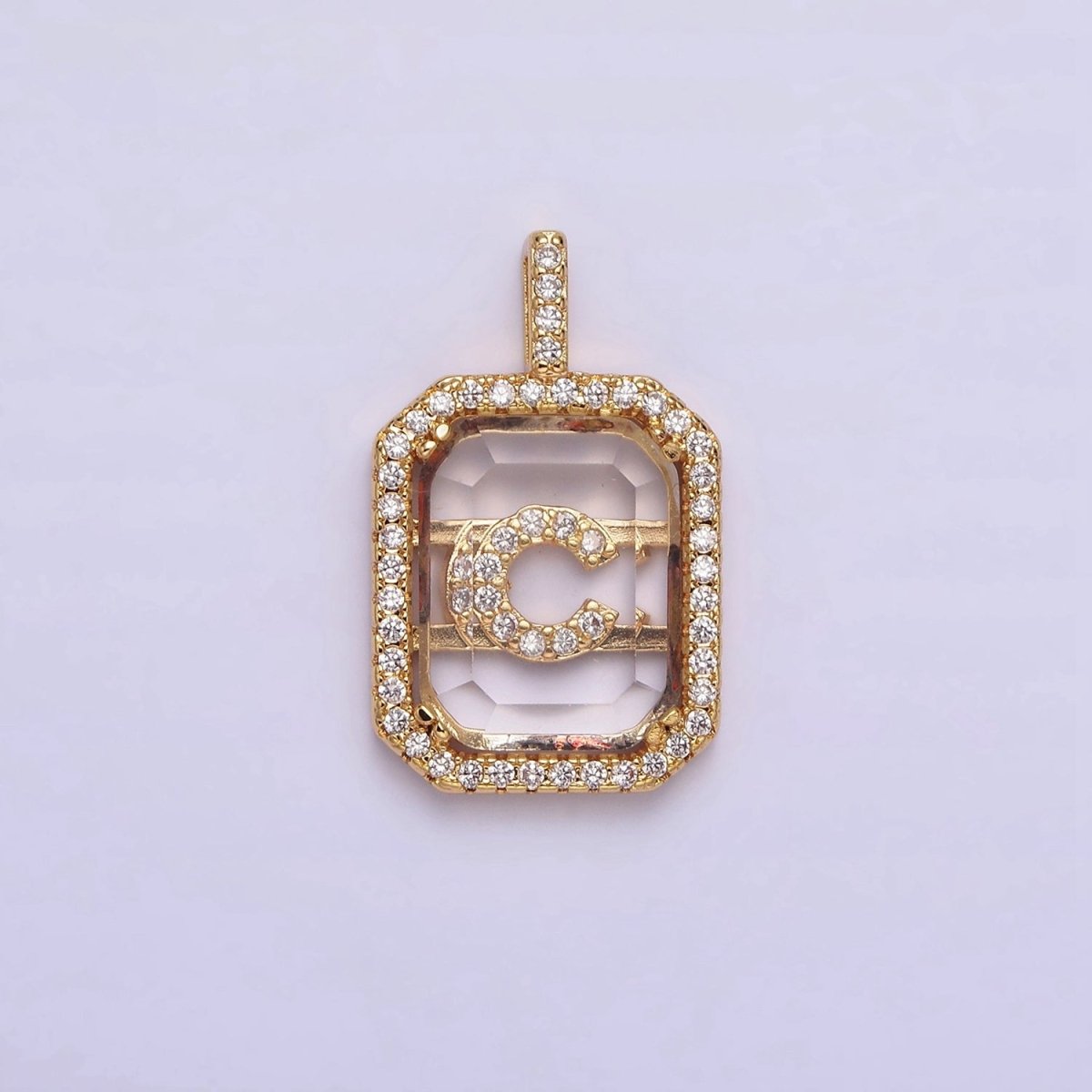 16K Gold Filled A-Z Alphabet Letter Initial Double Bar Baguette Clear Micro Paved CZ Pendant | A-963-A-975