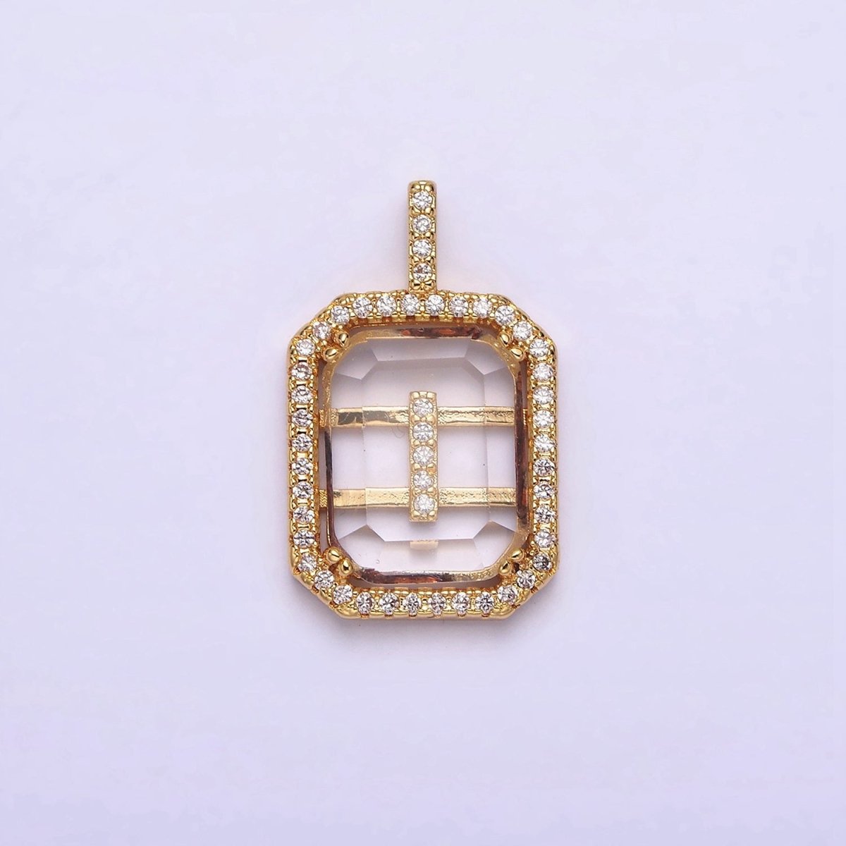 16K Gold Filled A-Z Alphabet Letter Initial Double Bar Baguette Clear Micro Paved CZ Pendant | A-963-A-975
