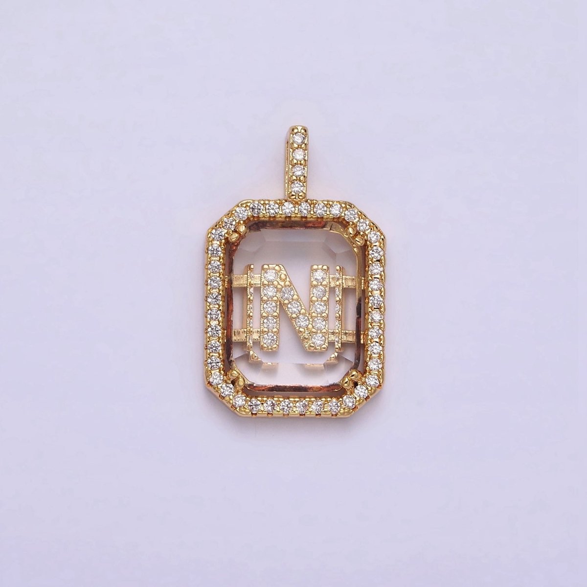 16K Gold Filled A-Z Alphabet Letter Initial Double Bar Baguette Clear Micro Paved CZ Pendant | A-963-A-975