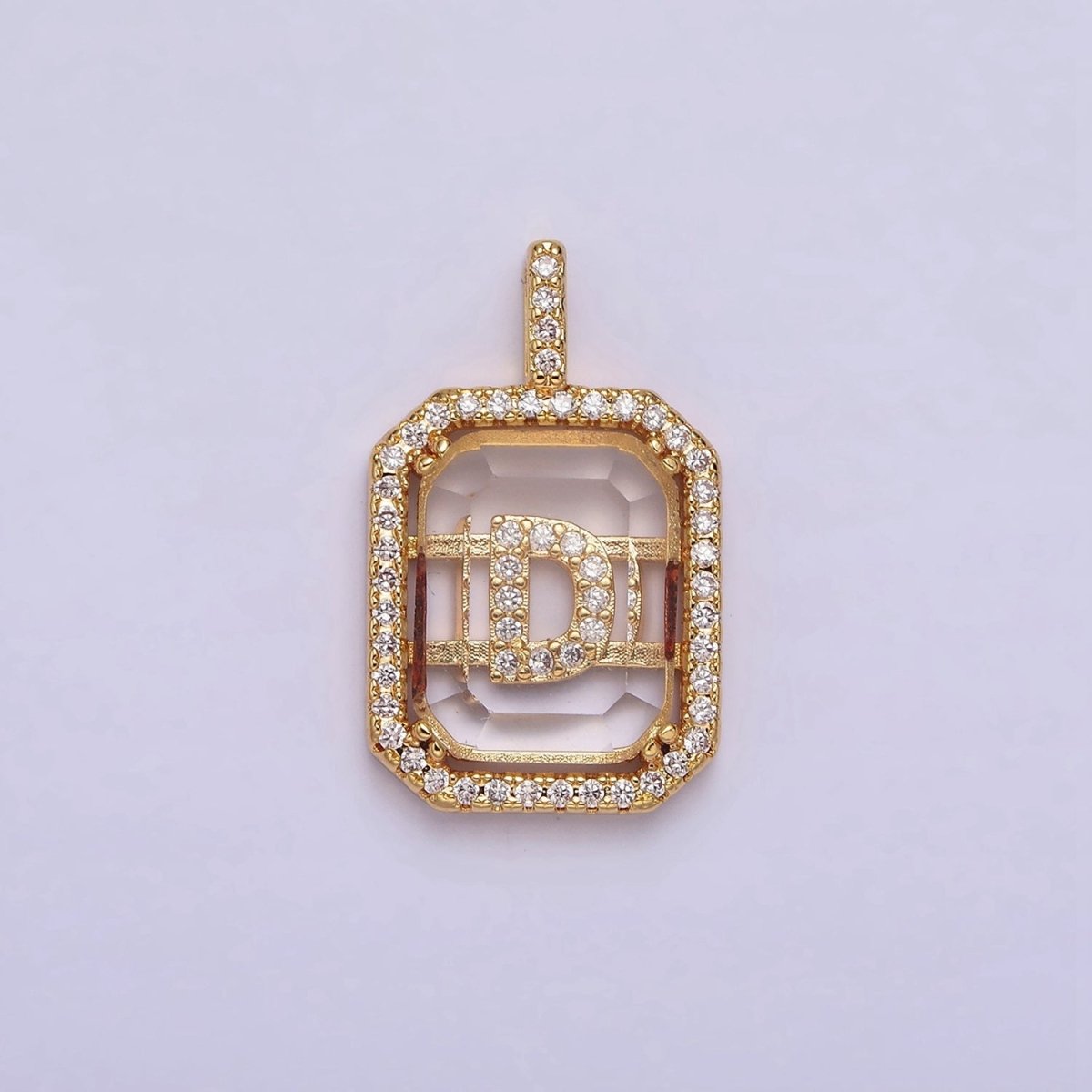 16K Gold Filled A-Z Alphabet Letter Initial Double Bar Baguette Clear Micro Paved CZ Pendant | A-963-A-975