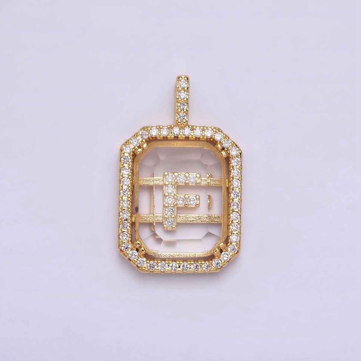 16K Gold Filled A-Z Alphabet Letter Initial Double Bar Baguette Clear Micro Paved CZ Pendant | A-963-A-975