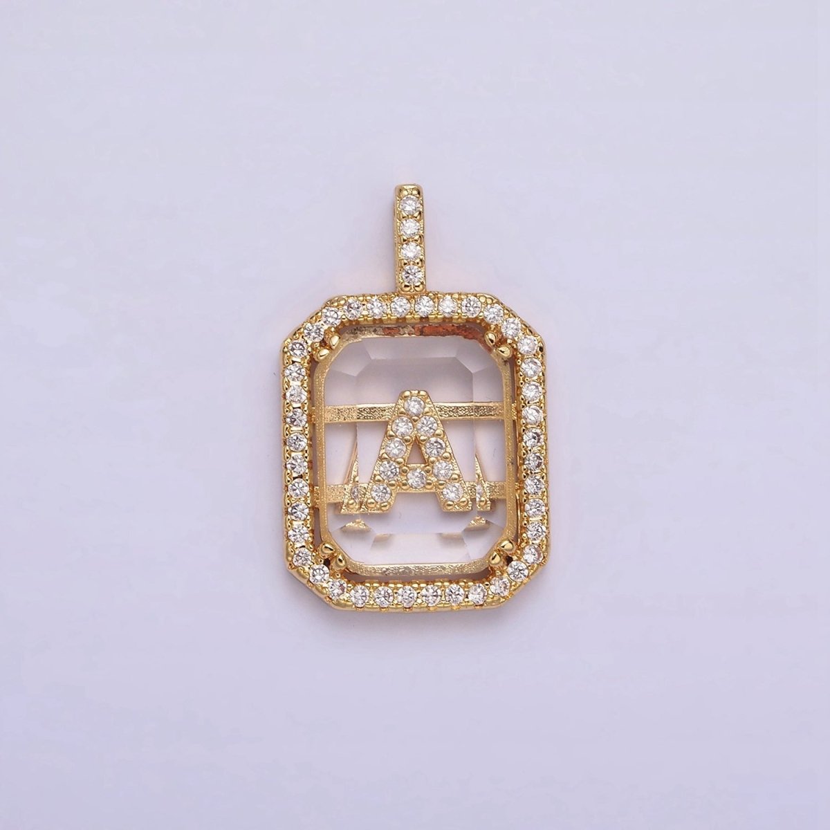 16K Gold Filled A-Z Alphabet Letter Initial Double Bar Baguette Clear Micro Paved CZ Pendant | A-963-A-975