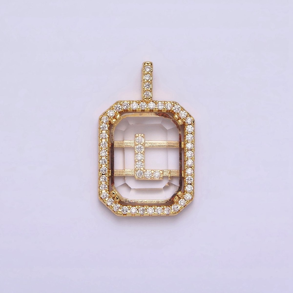 16K Gold Filled A-Z Alphabet Letter Initial Double Bar Baguette Clear Micro Paved CZ Pendant | A-963-A-975