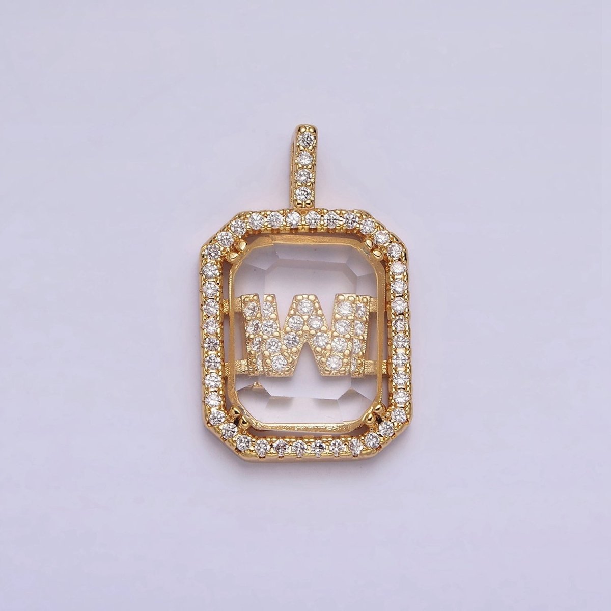 16K Gold Filled A-Z Alphabet Letter Initial Double Bar Baguette Clear Micro Paved CZ Pendant | A-963-A-975