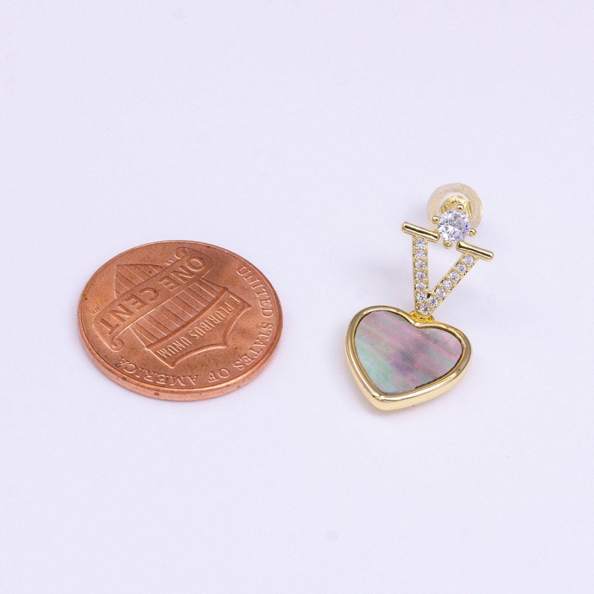 16K Gold Filled Abalone Heart Micro Paved CZ Drop Stud Earrings in Gold & Silver | AD-377 AD-378