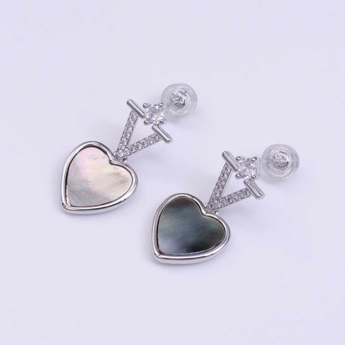 16K Gold Filled Abalone Heart Micro Paved CZ Drop Stud Earrings in Gold & Silver | AD-377 AD-378