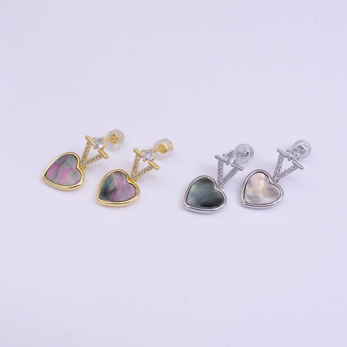 16K Gold Filled Abalone Heart Micro Paved CZ Drop Stud Earrings in Gold & Silver | AD-377 AD-378