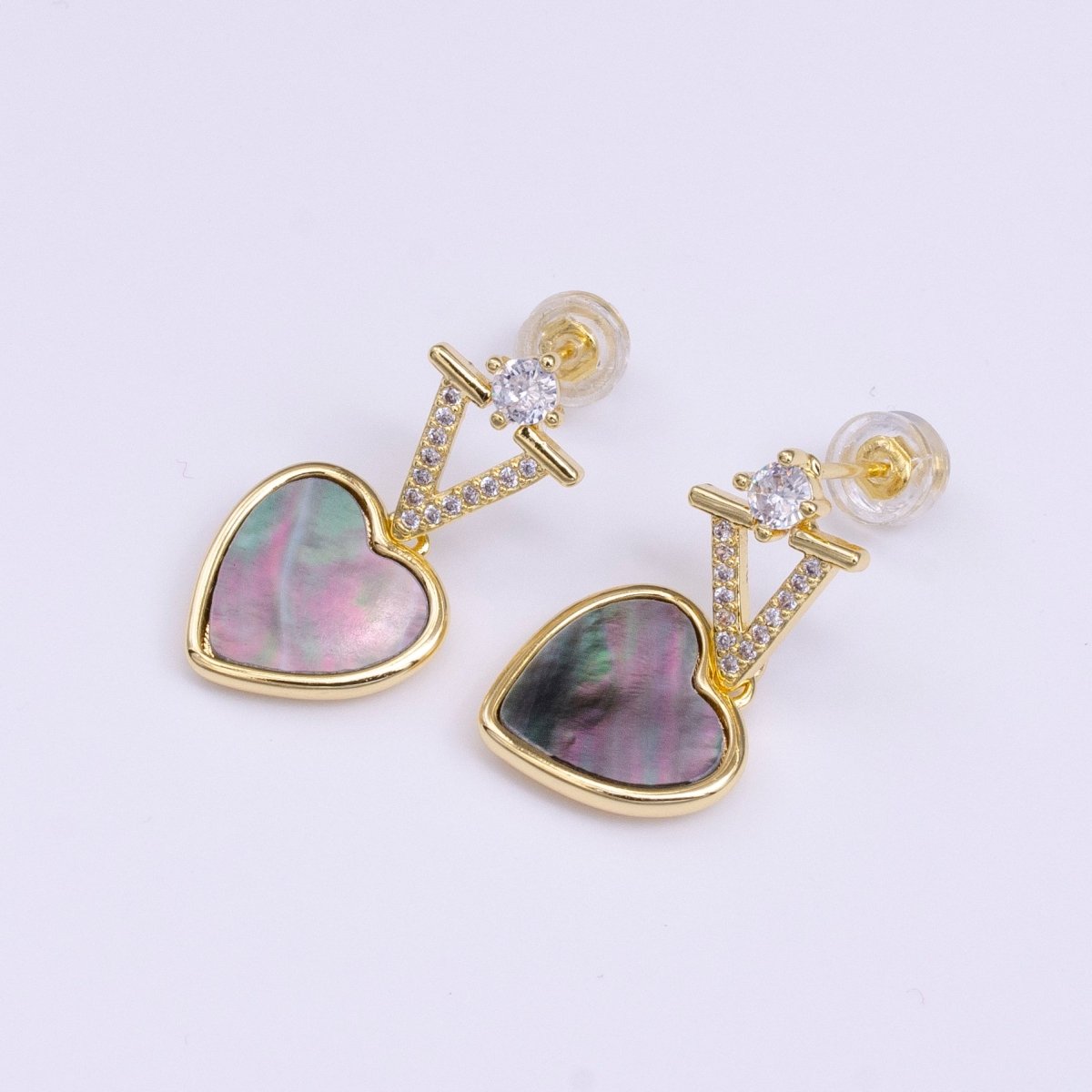 16K Gold Filled Abalone Heart Micro Paved CZ Drop Stud Earrings in Gold & Silver | AD-377 AD-378