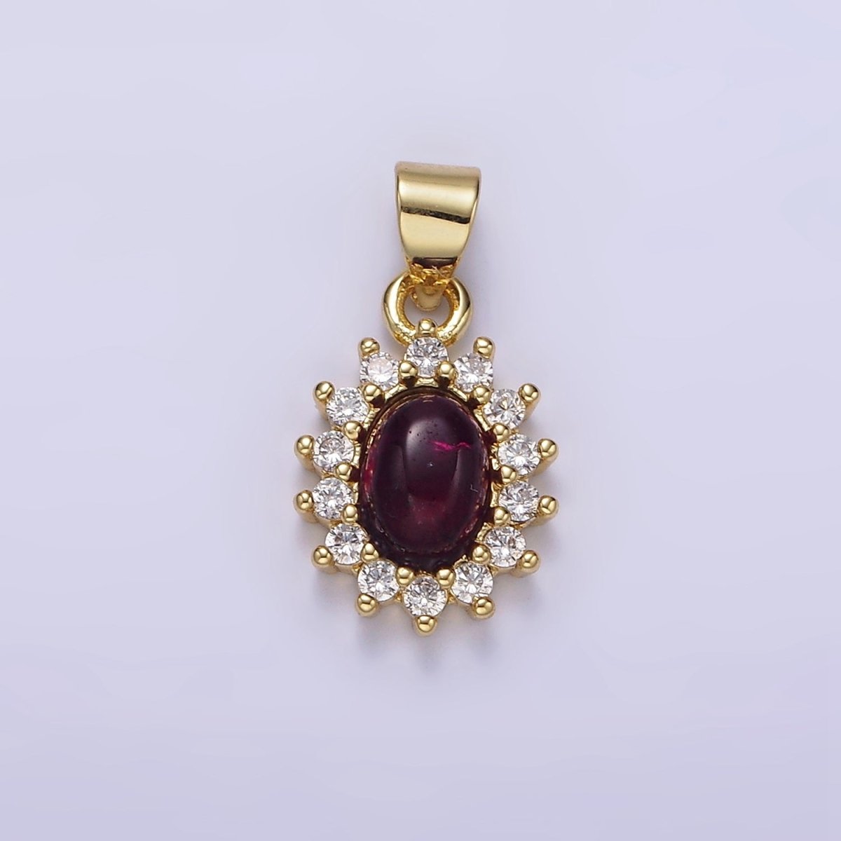 16K Gold Filled Amethyst Cabochon Clear CZ Lined Oval Pendant | AA655