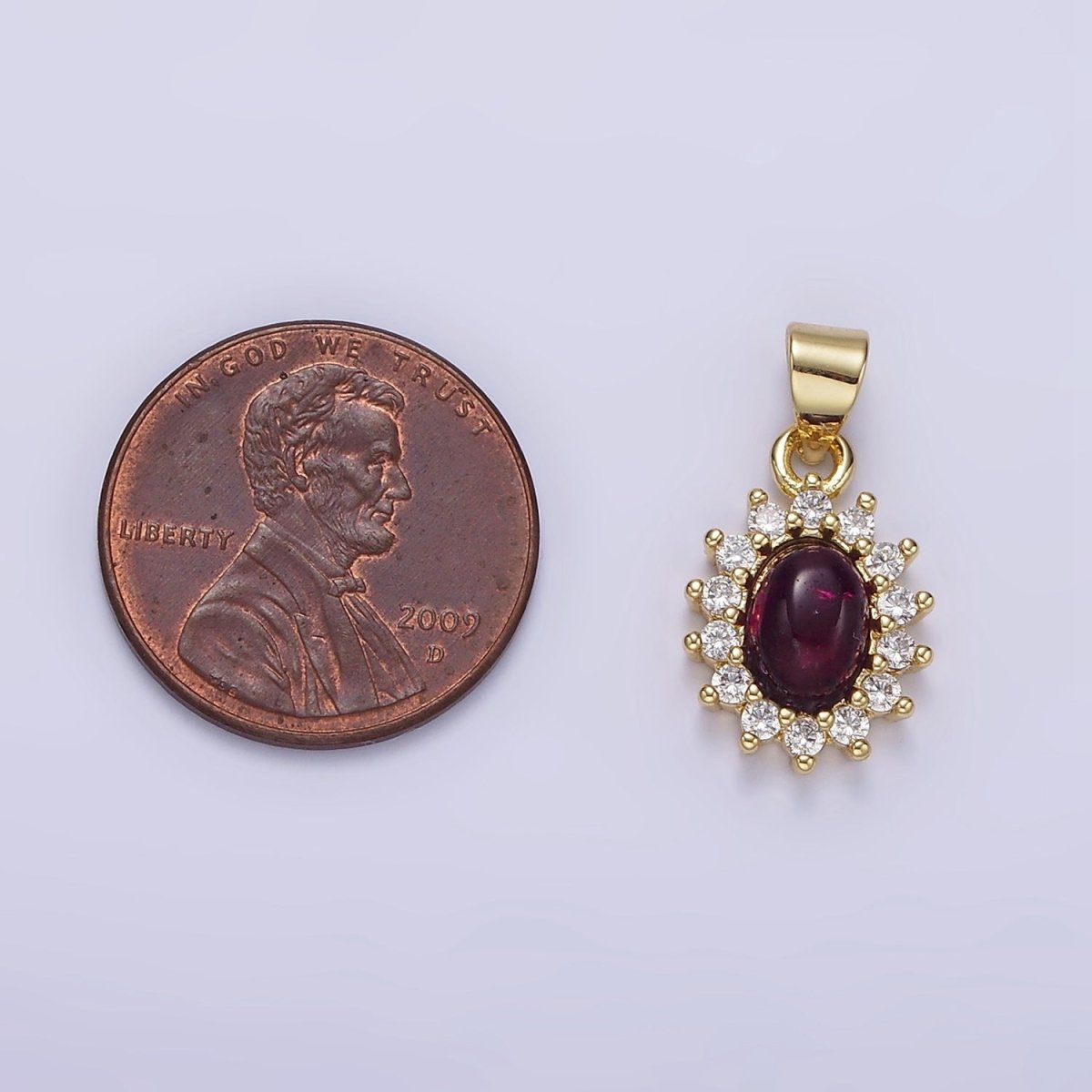 16K Gold Filled Amethyst Cabochon Clear CZ Lined Oval Pendant | AA655