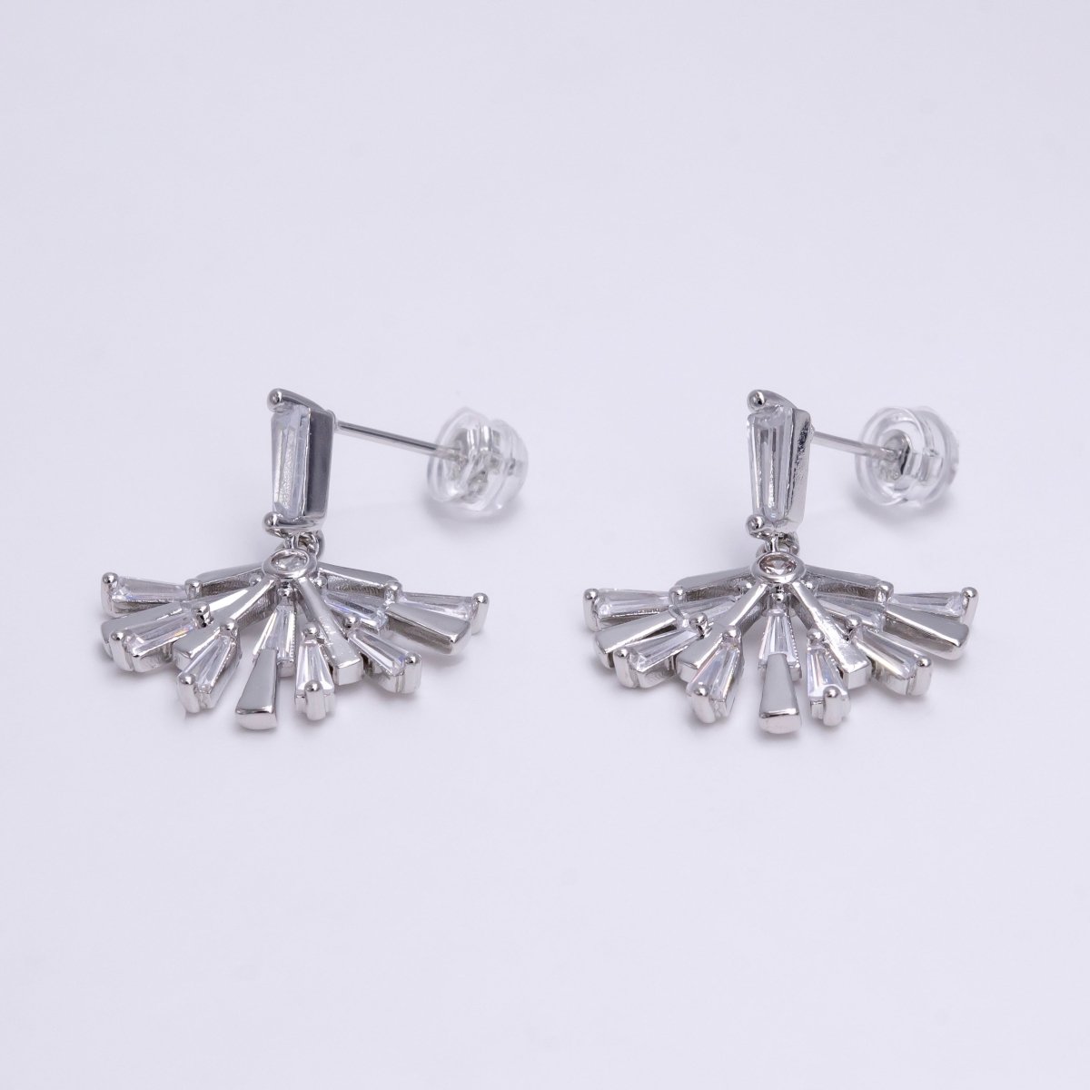16K Gold Filled Baguette Fan Drop Dangle Clear Stud Earrings in Gold & Silver | AE789 AE790