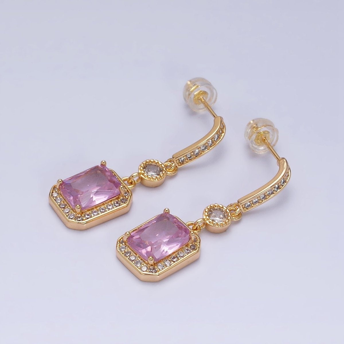16K Gold Filled Baguette Pink Drop Dangle Micro Paved Bar Stud Earrings | AD929 AD930