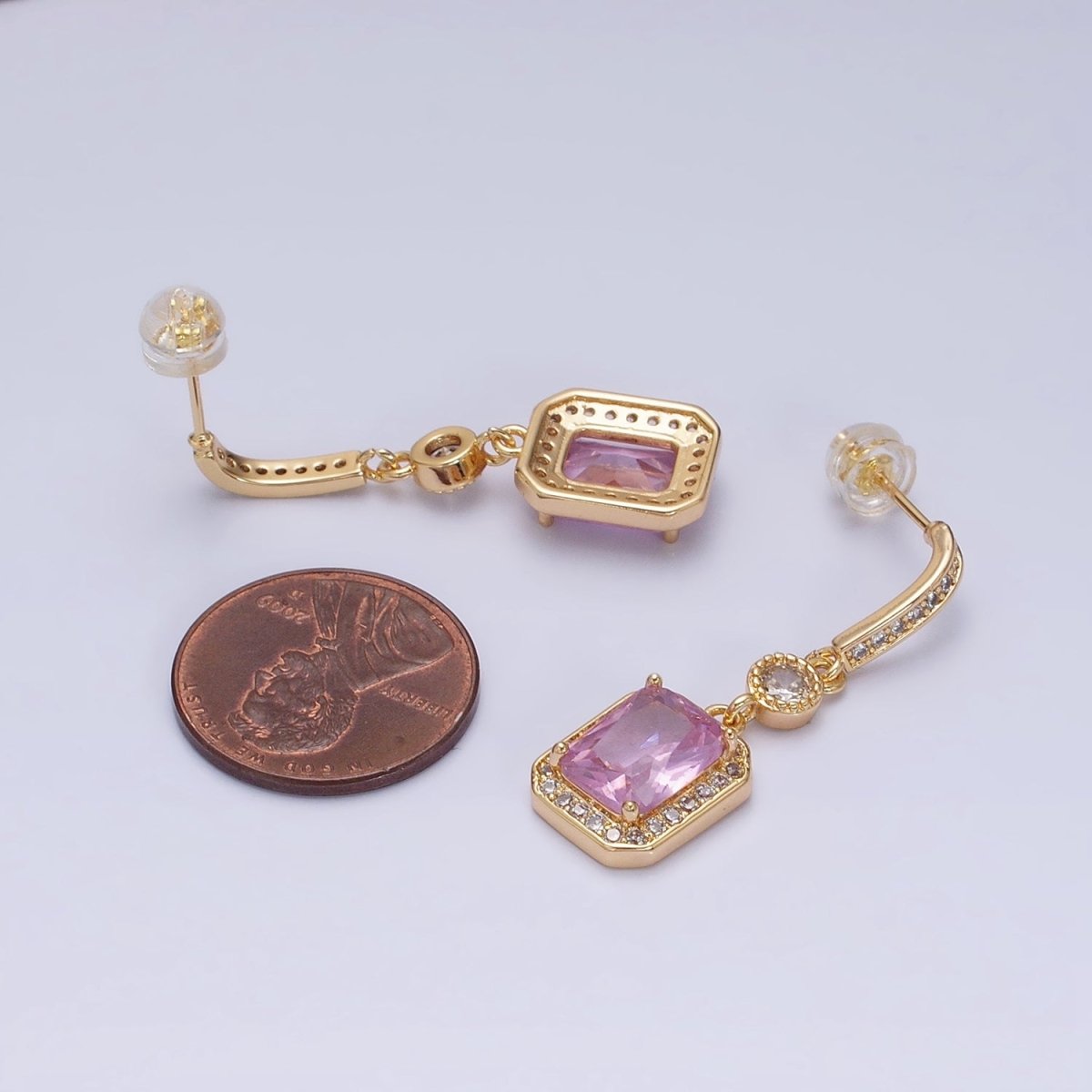 16K Gold Filled Baguette Pink Drop Dangle Micro Paved Bar Stud Earrings | AD929 AD930
