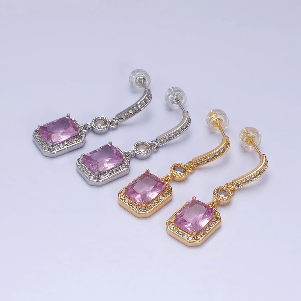 16K Gold Filled Baguette Pink Drop Dangle Micro Paved Bar Stud Earrings | AD929 AD930