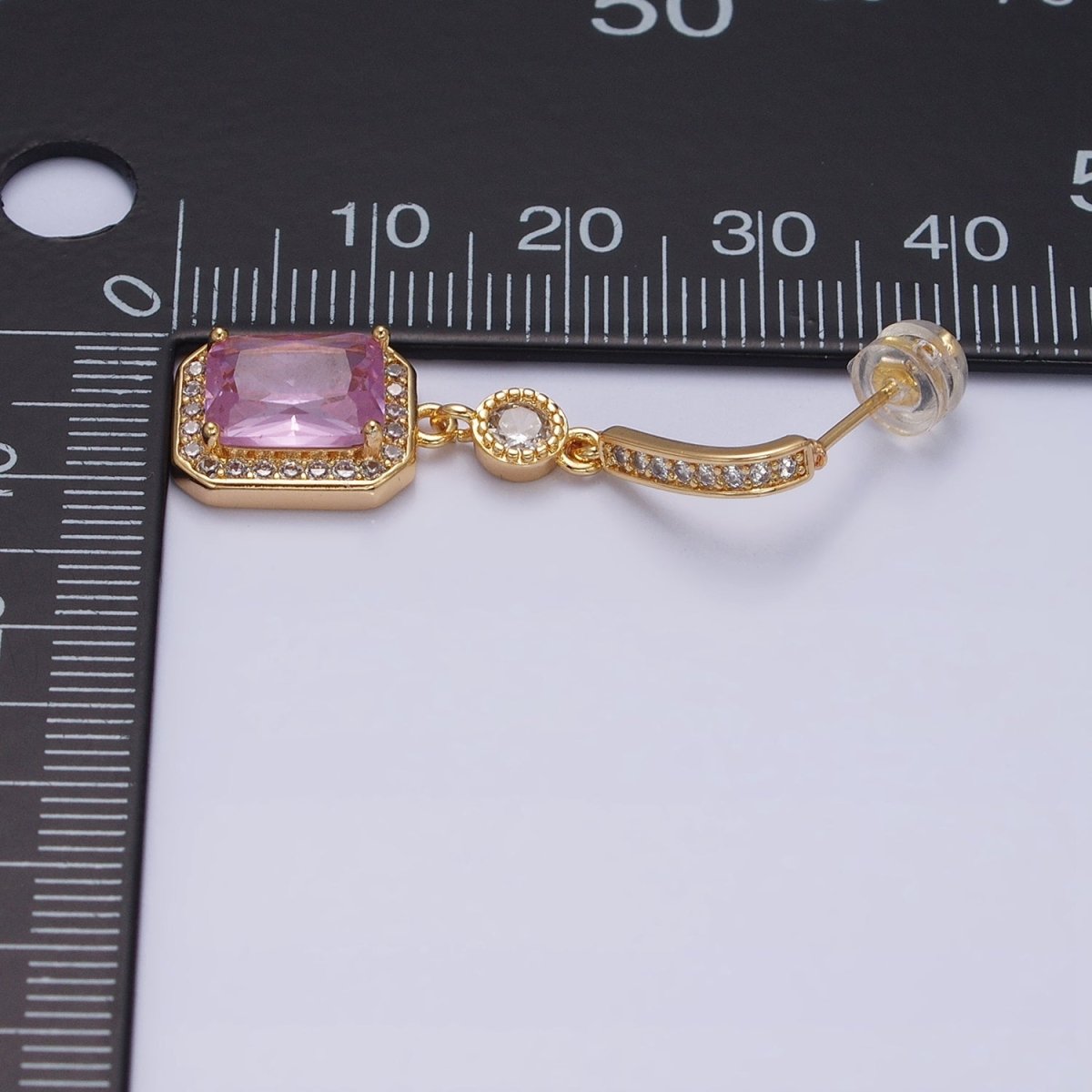 16K Gold Filled Baguette Pink Drop Dangle Micro Paved Bar Stud Earrings | AD929 AD930