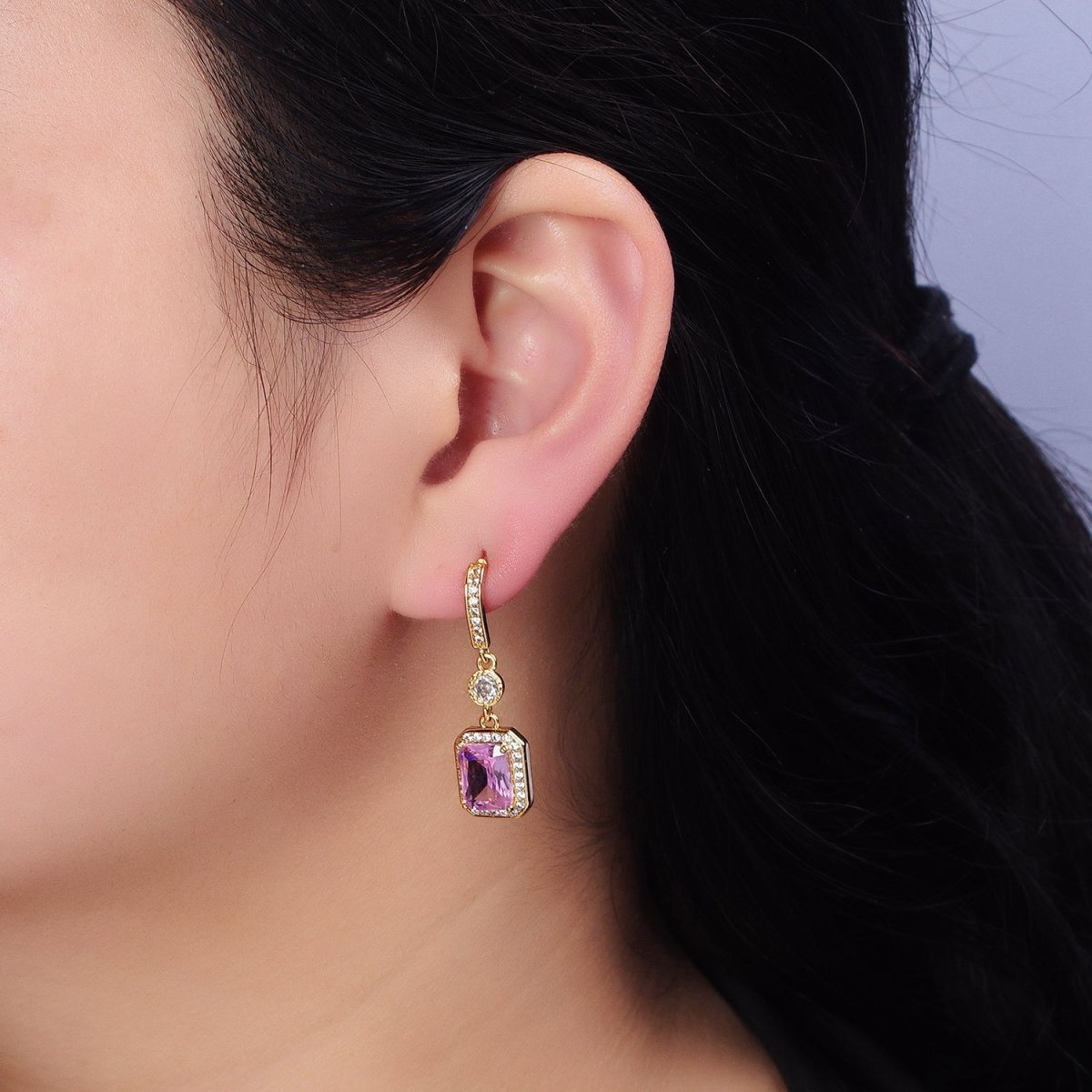 16K Gold Filled Baguette Pink Drop Dangle Micro Paved Bar Stud Earrings | AD929 AD930