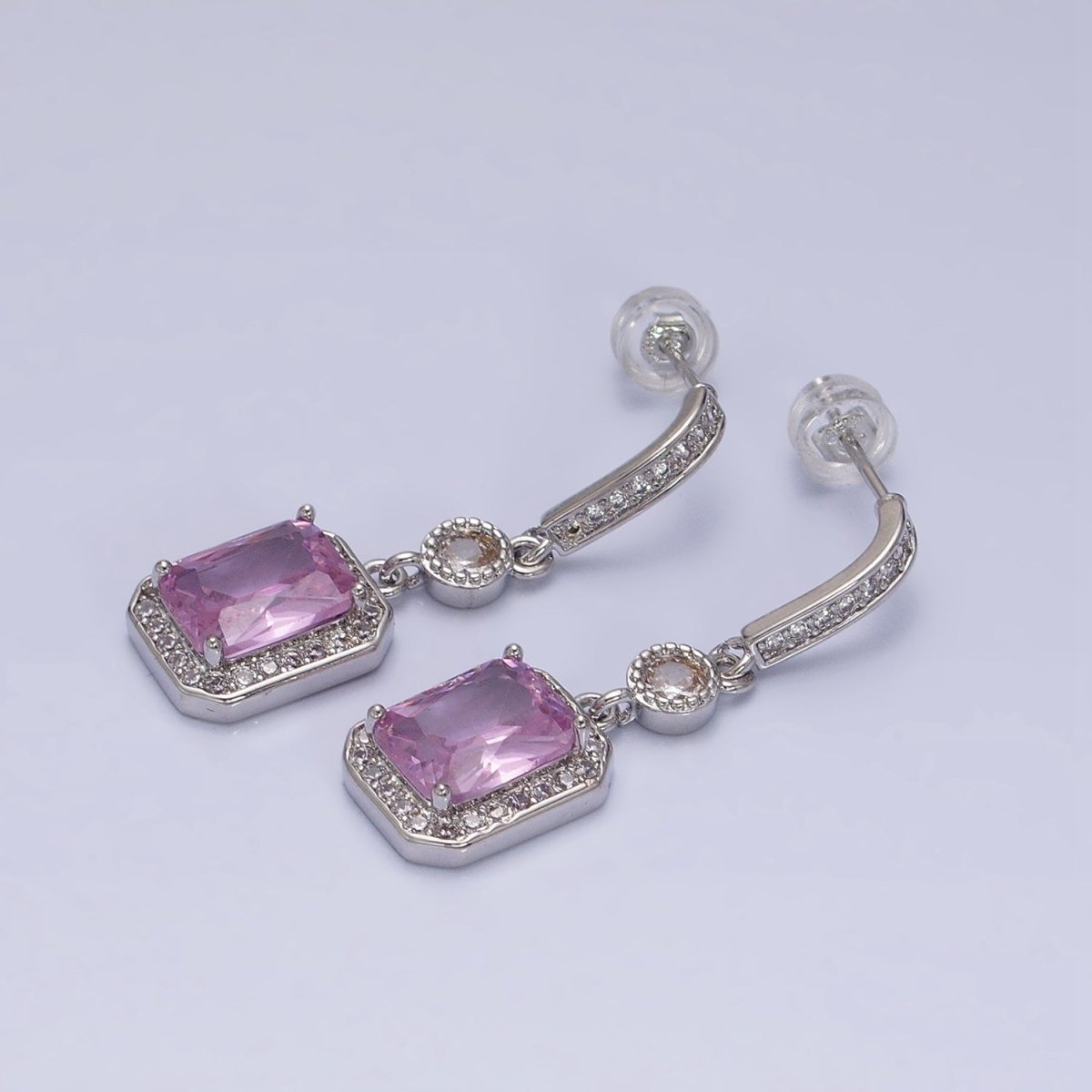 16K Gold Filled Baguette Pink Drop Dangle Micro Paved Bar Stud Earrings | AD929 AD930