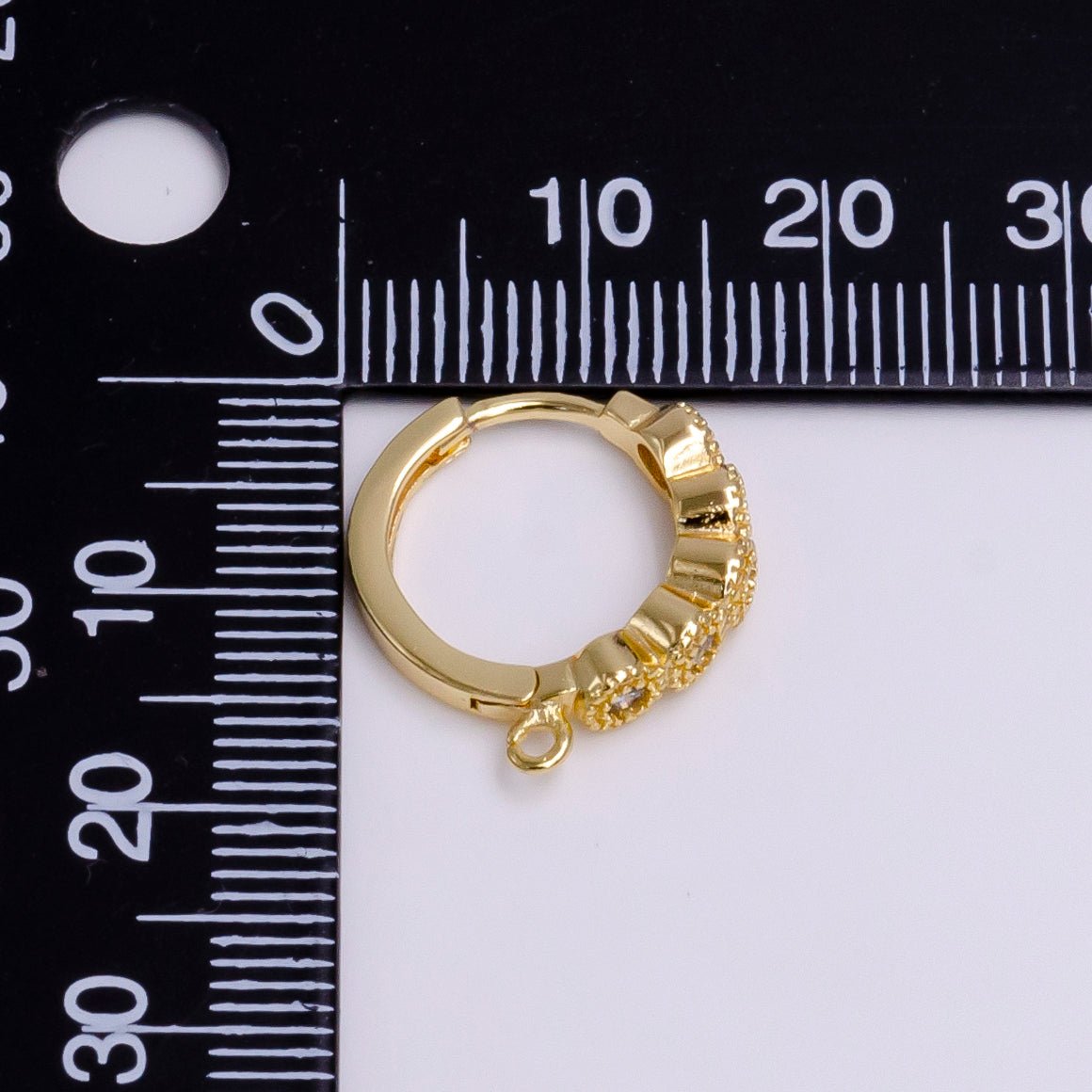 16K Gold Filled Beaded Round Clear CZ Lined 16.5mm Open Loop Huggie Earrings Supply | Z-912